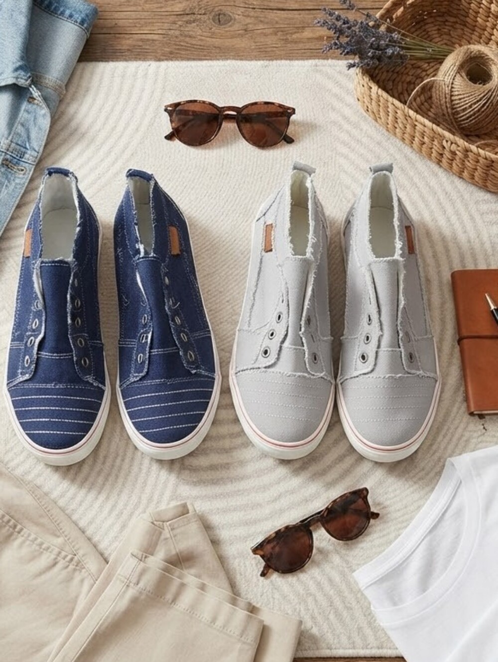 Classic Slip-On Canvas Sneakers for Women - Denim  and Light Gray